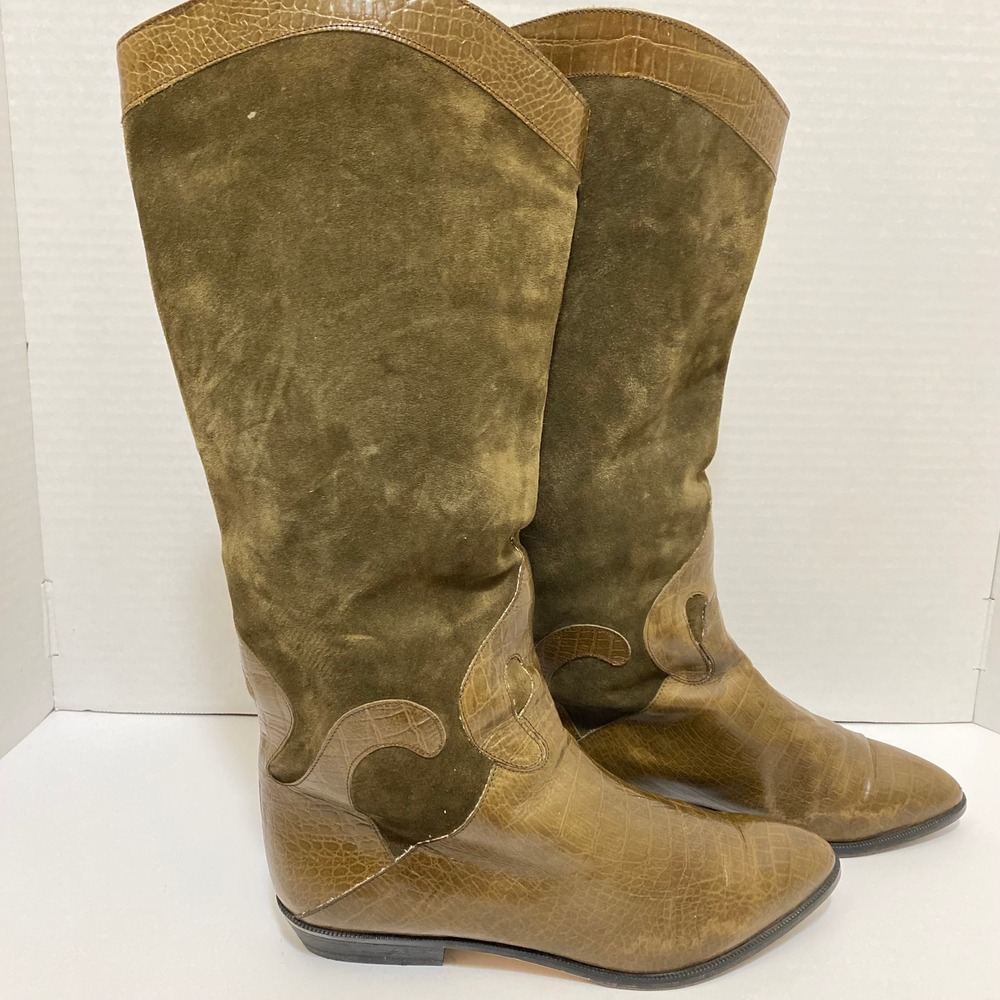 VTG 80s Bandolino Made in Italy Suede Croc Leather Westerncore Boots 9 Olive - Picture 4 of 9